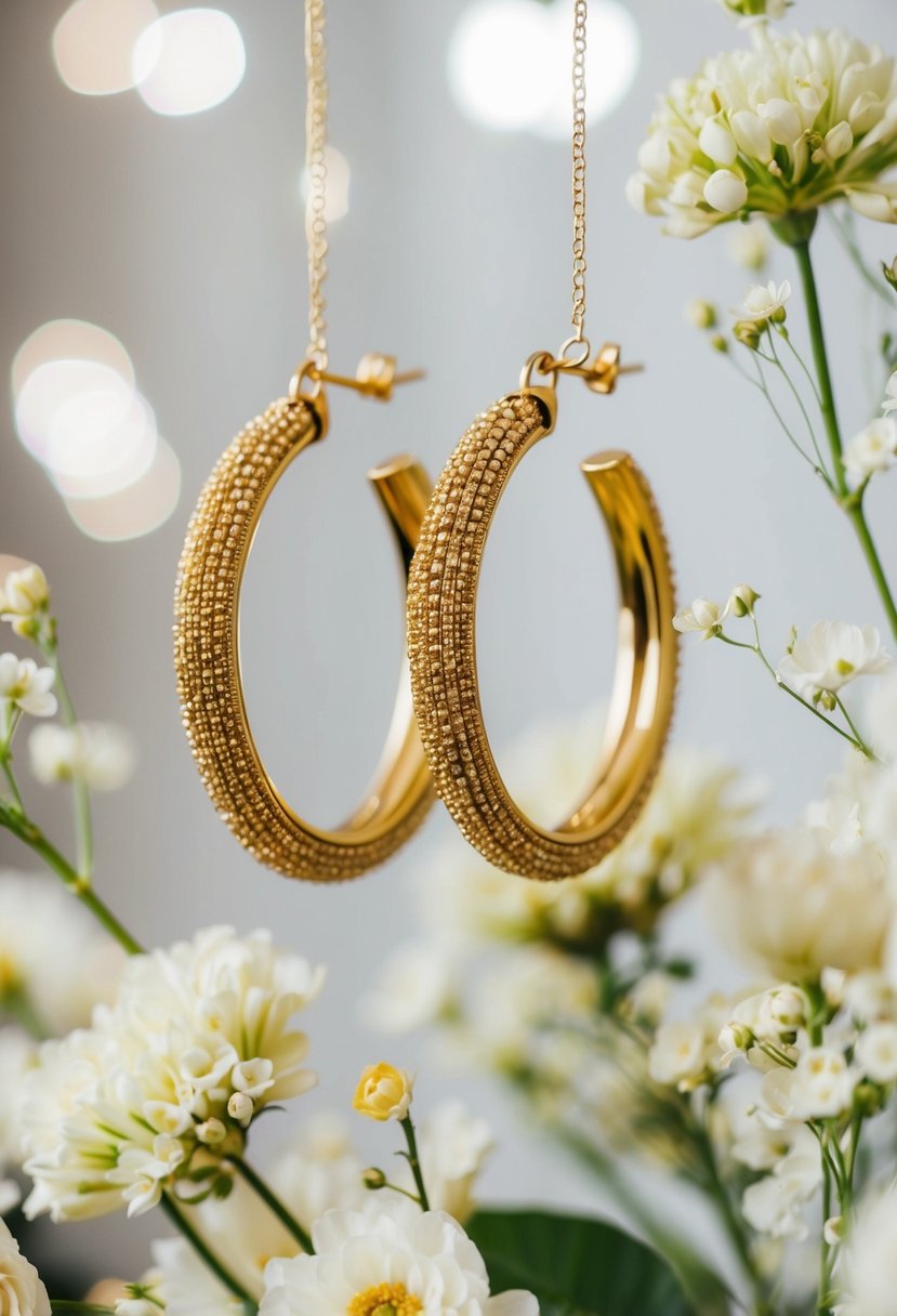 A pair of gold beaded hoops suspended in mid-air, surrounded by delicate wedding flowers and sparkling with elegance