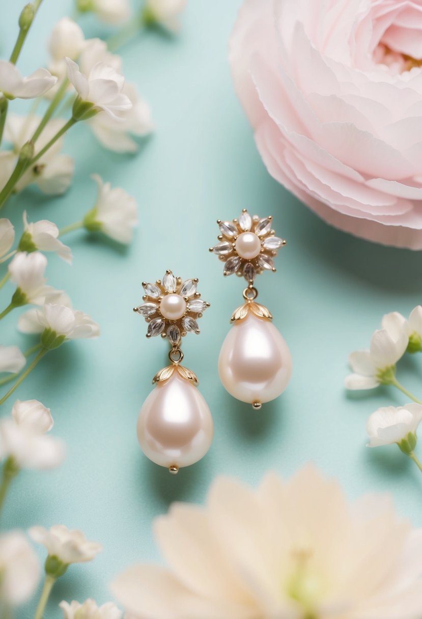 A pair of elegant simulated pearl drop earrings, surrounded by delicate Korean wedding motifs, set against a soft pastel background