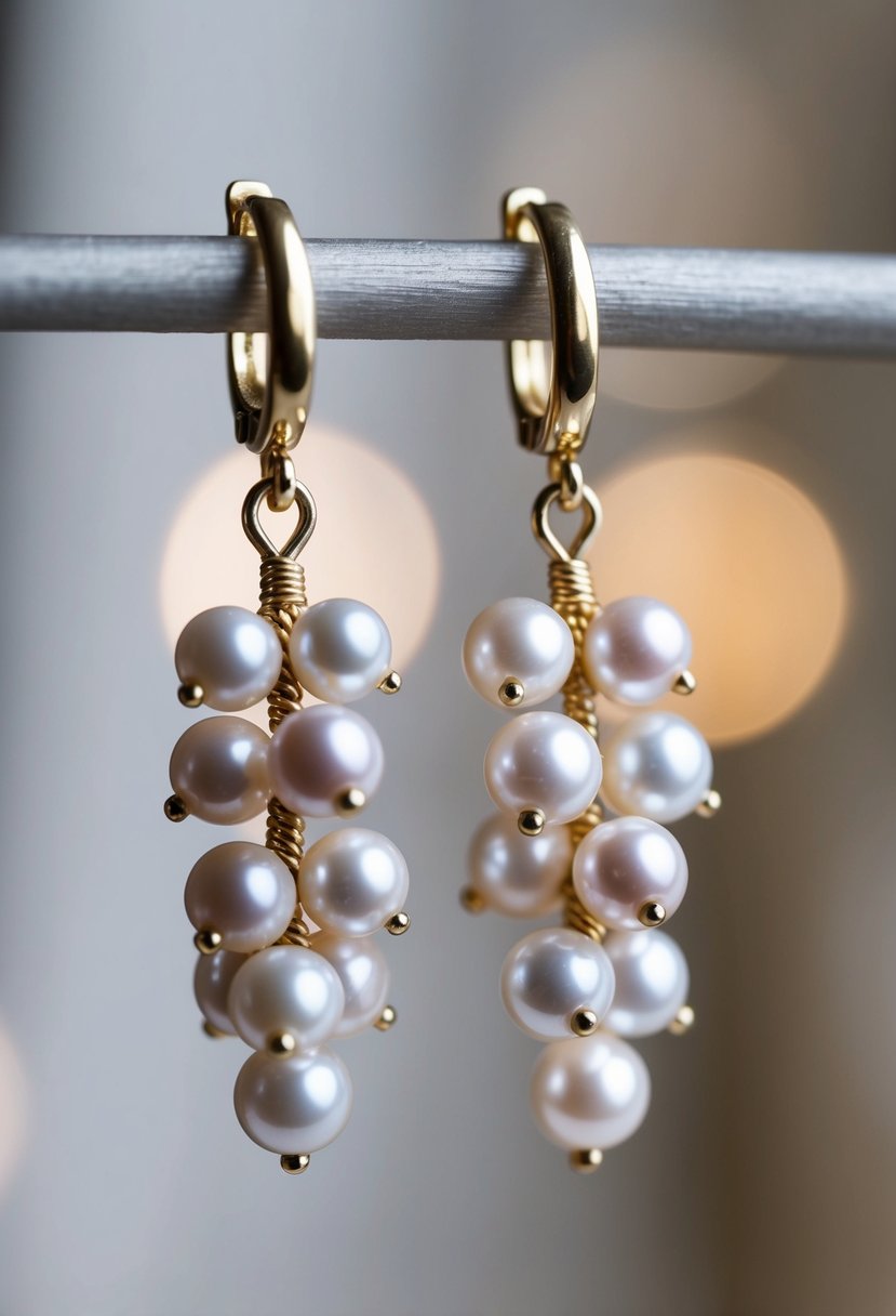 A pair of freshwater pearl clusters dangle from delicate three-hole earring settings, catching the light and exuding elegance