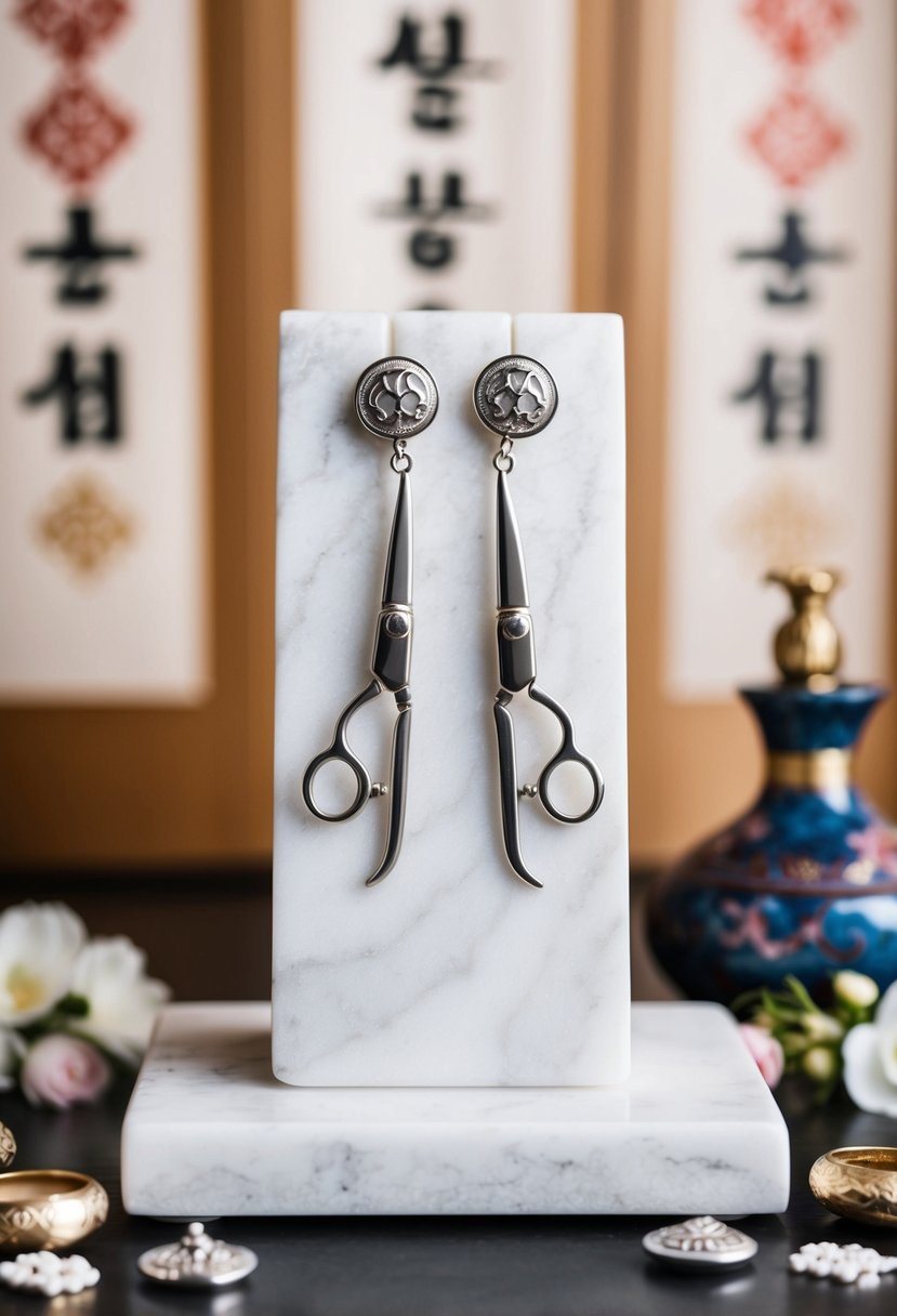 A pair of sterling silver scissor earrings displayed on a white marble pedestal, surrounded by delicate Korean wedding motifs and traditional symbols