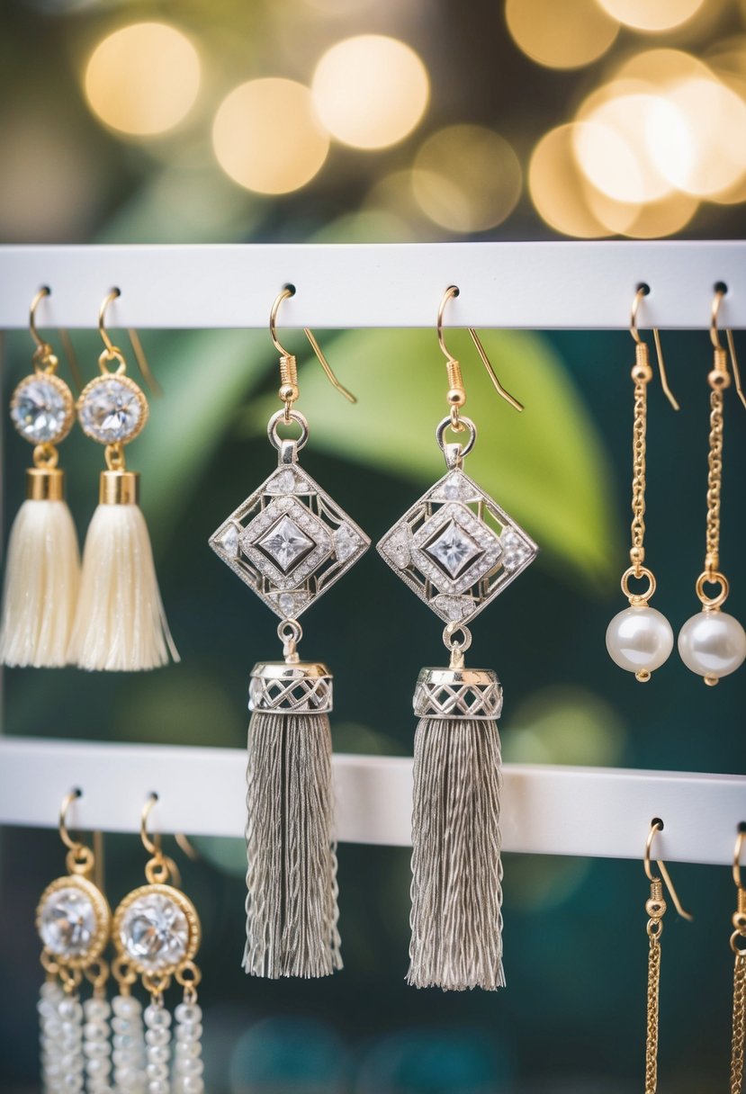 A pair of elegant Art Deco tassel earrings dangle from a display, surrounded by other wedding earring ideas