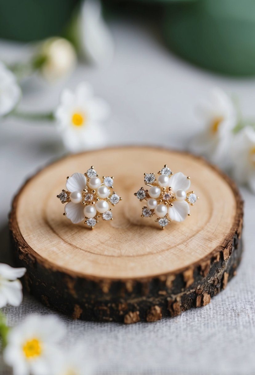 A delicate pair of bridal studs adorned with dainty flowers, inspired by Korean wedding earring ideas