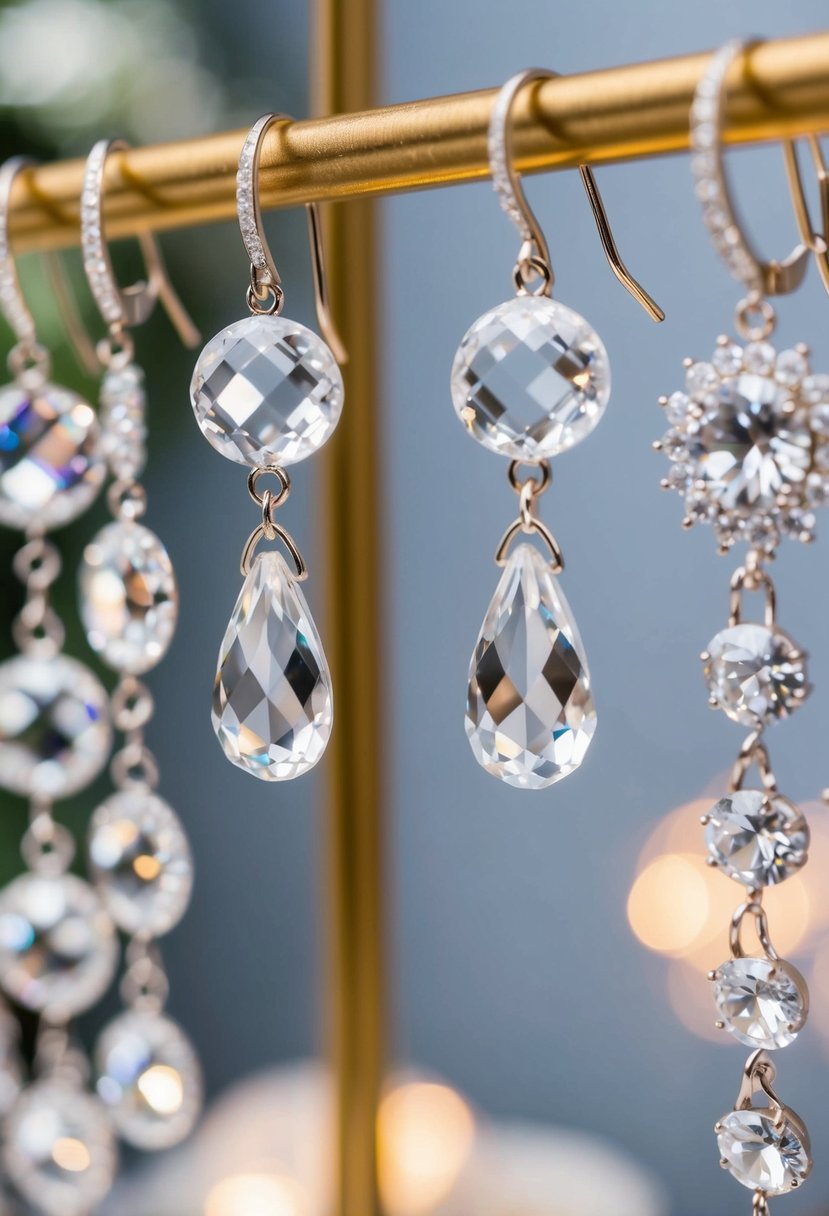 A pair of crystal clear danglers hanging from a display, surrounded by other wedding earring ideas