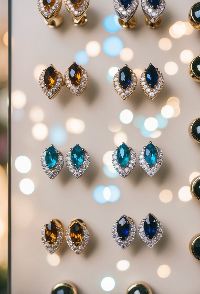 A close-up of multiple claw stud earrings arranged in a creative and eye-catching display, with a Korean wedding theme inspiration