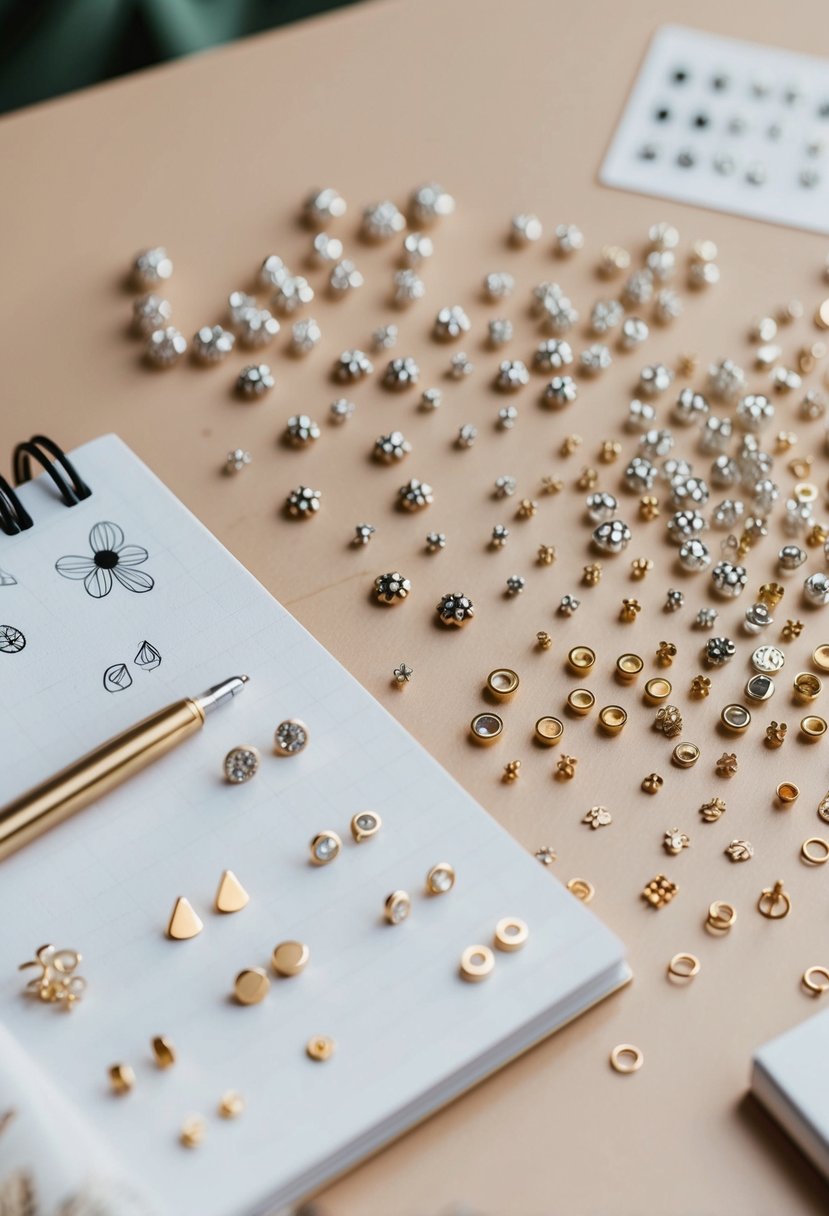 A table scattered with delicate hypoallergenic tiny studs in various designs, with three-hole earring ideas sketched on a notepad nearby