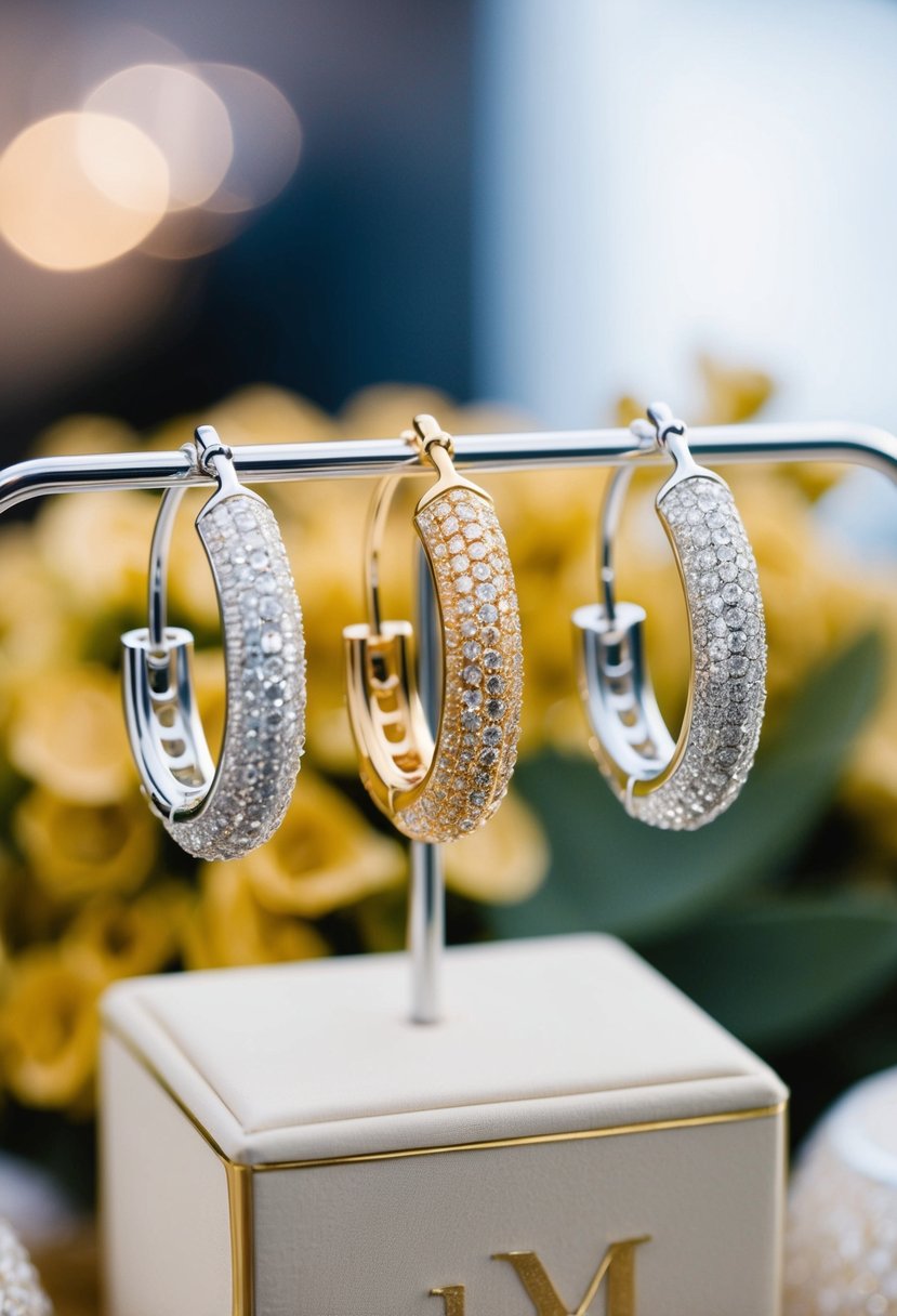 A display of silver and gold cartilage hoops arranged in a trio, with a wedding theme