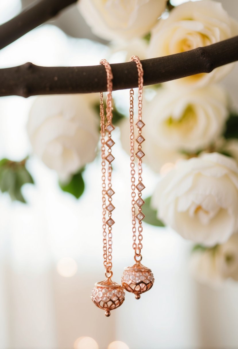 A pair of rose gold dangling chains, adorned with delicate Korean wedding motifs, glimmer in the soft light