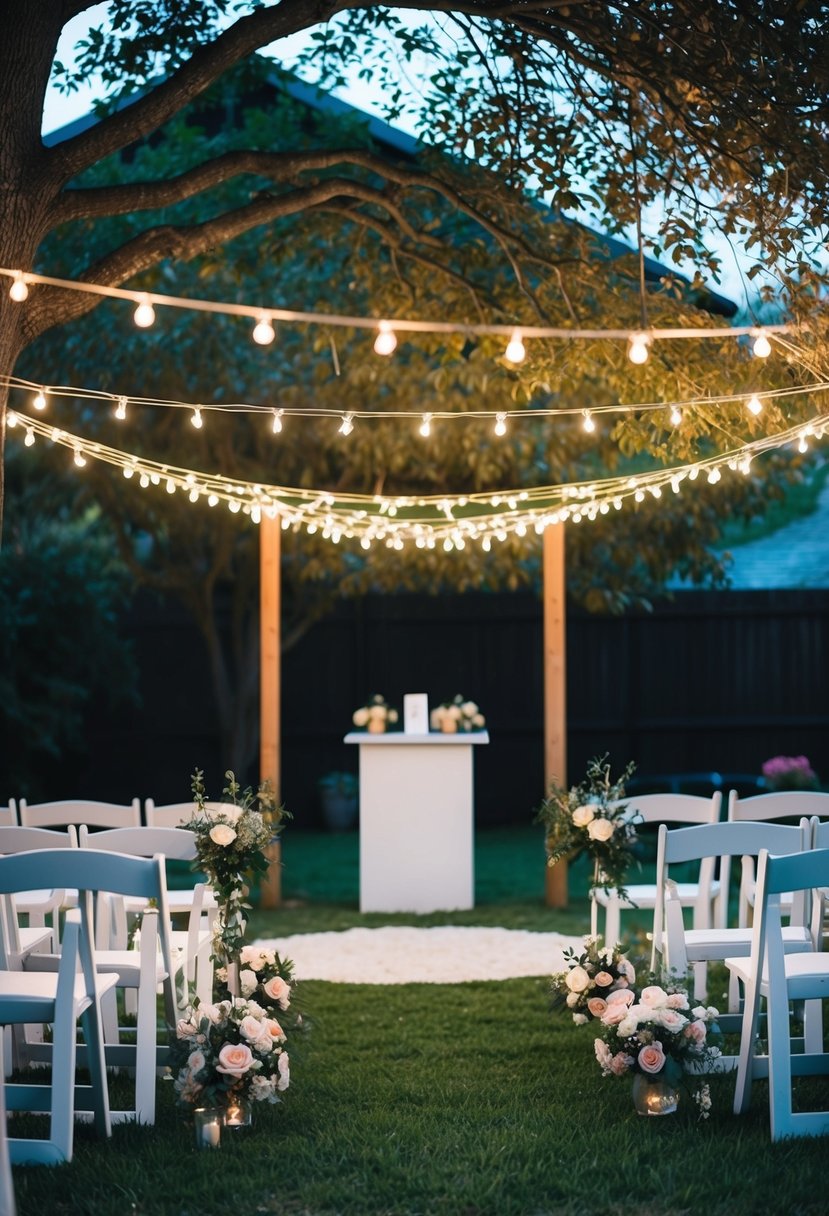 A cozy backyard set for a wedding: fairy lights, flowers, and a simple altar under a tree