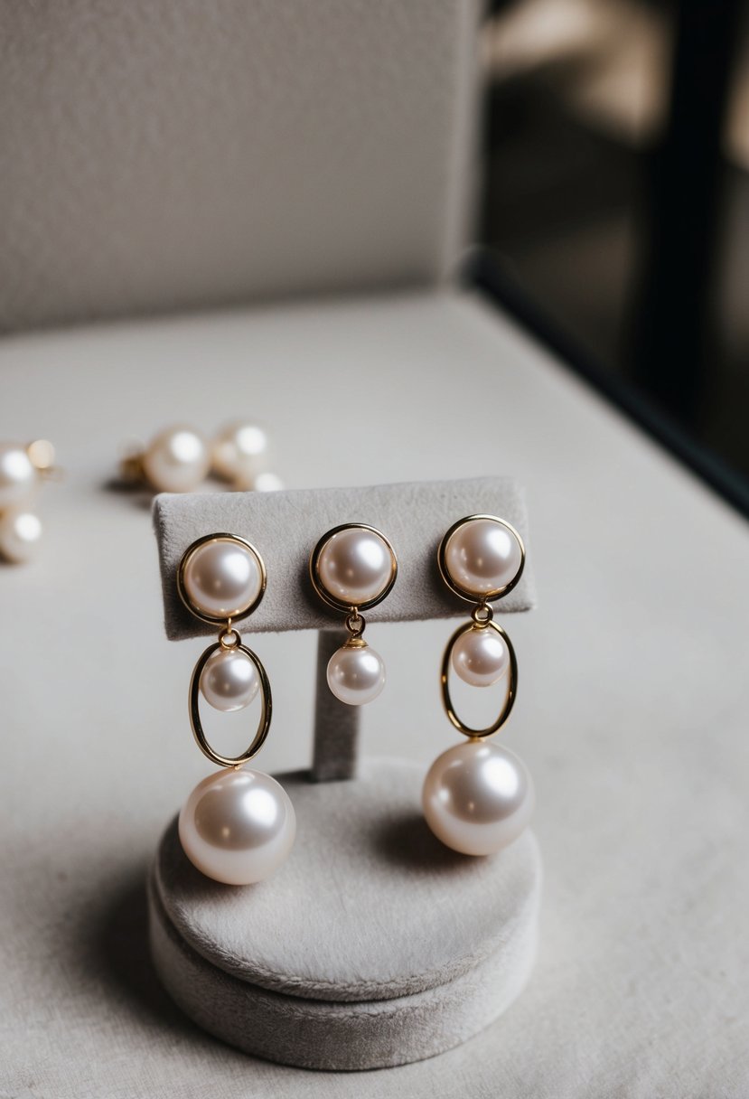 A pair of three-hole wedding earrings featuring modern bridal pearls, arranged on a velvet jewelry display