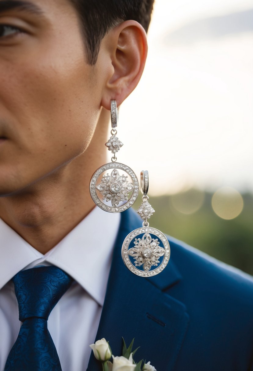 Two elegant Korean wedding pendants dangle from a gleaming groom's ear, catching the light with intricate details and delicate beauty