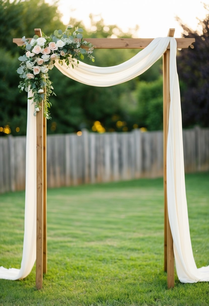 A wooden wedding arch adorned with flowers and draped fabric, set up in a backyard garden for a small DIY wedding ceremony at home