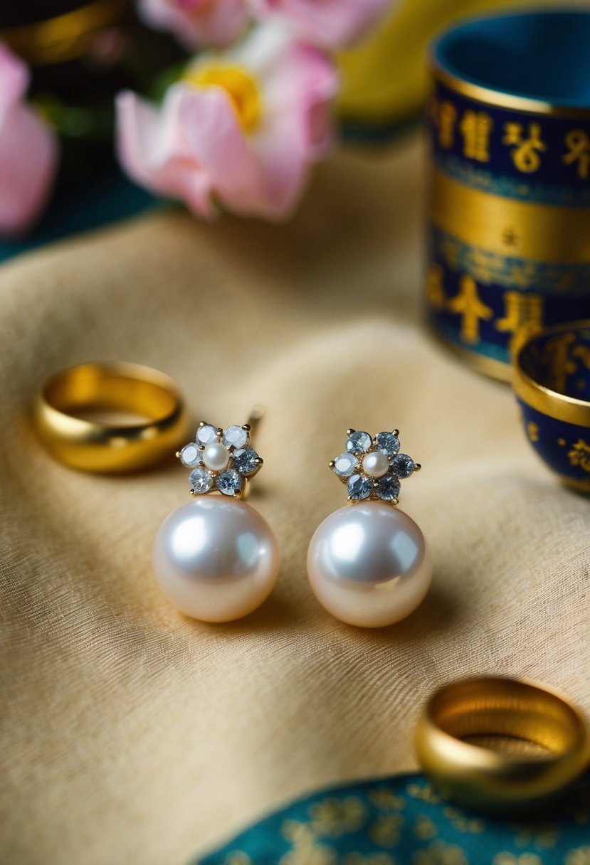 A delicate pair of vintage Korean pearl studs displayed on a traditional silk fabric background, surrounded by symbolic wedding items