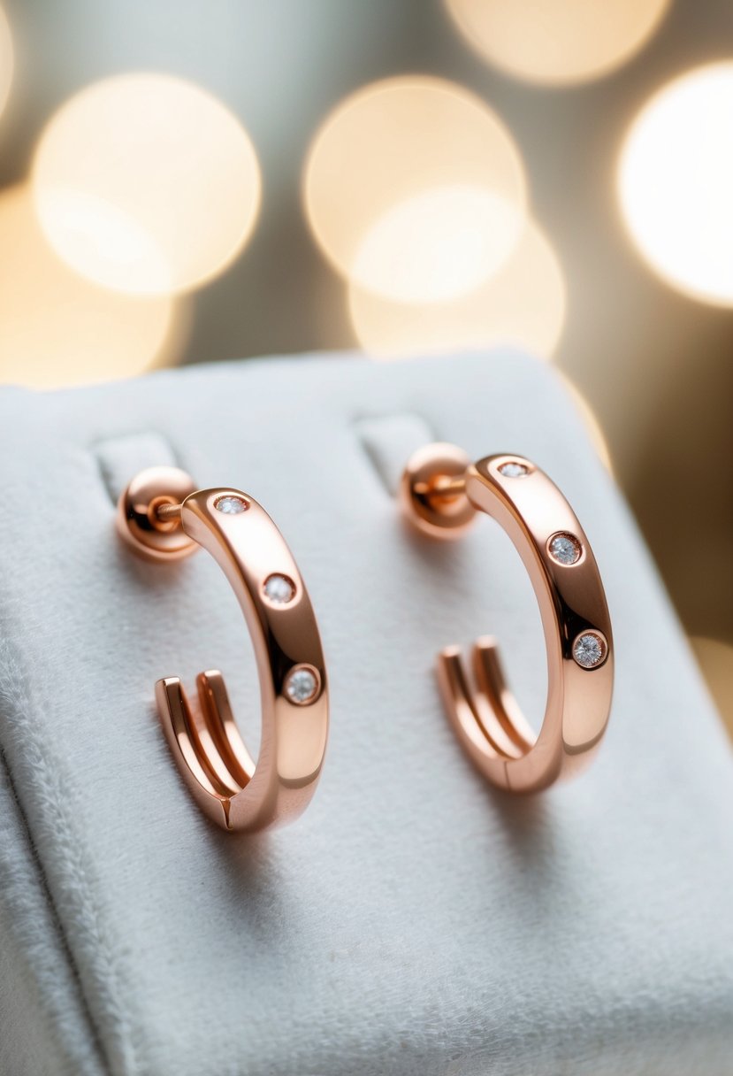 Two delicate rose gold earrings, each with a double piercing and three holes, arranged on a white velvet display