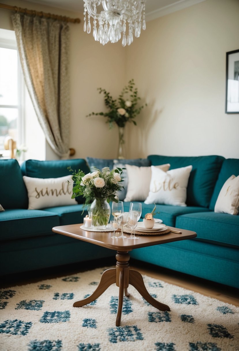 A cozy living room with a small table set for a wedding, adorned with simple and casual decorations