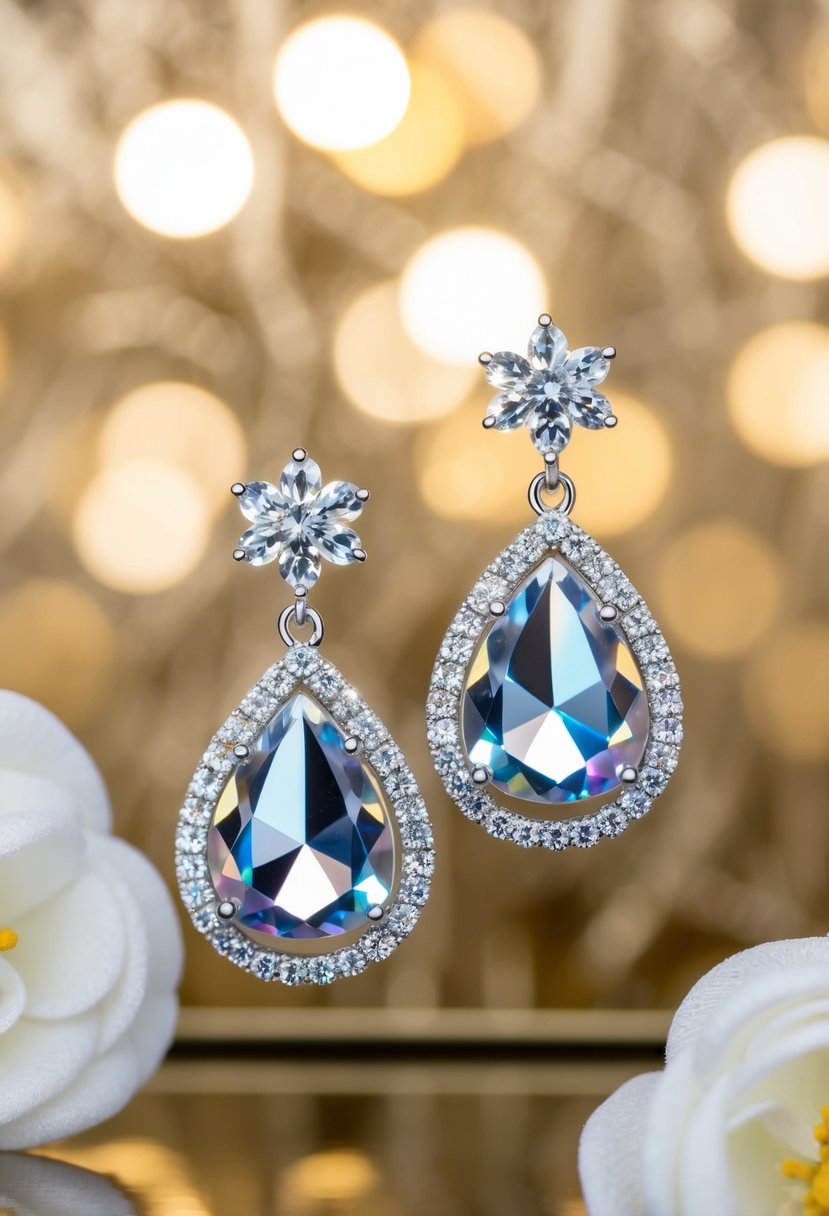 A pair of sparkling crystal drop earrings with intricate Korean-inspired design, set against a luxurious and elegant backdrop