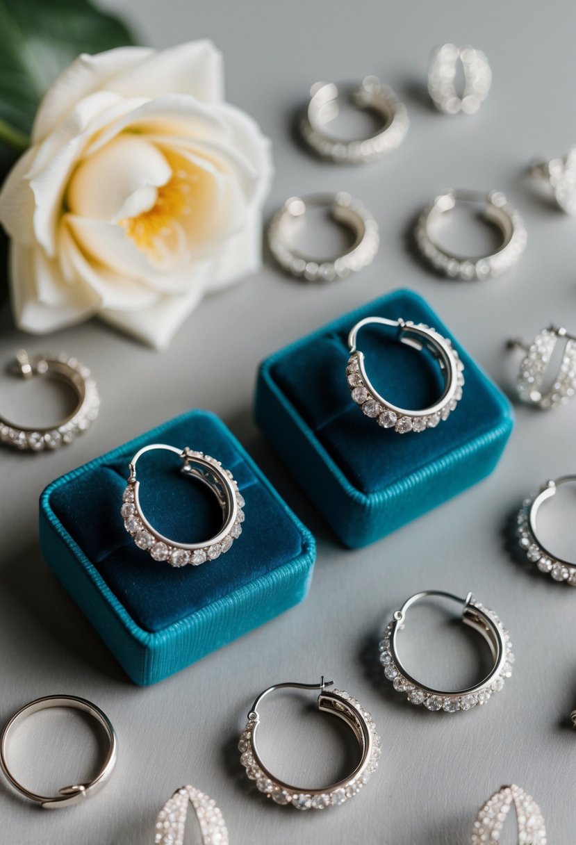 Two elegant silver clip-on earrings displayed on a velvet cushion, surrounded by delicate three-hole wedding earring designs