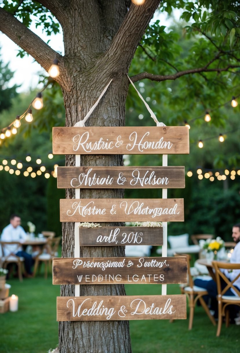 A rustic wooden sign with personalized wedding details hangs on a tree in a backyard, surrounded by small, intimate seating areas and twinkling lights