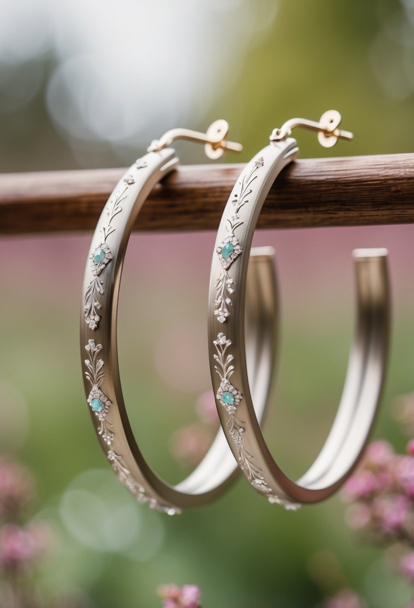 Two elegant brushed metal hoops with intricate Korean wedding-inspired designs