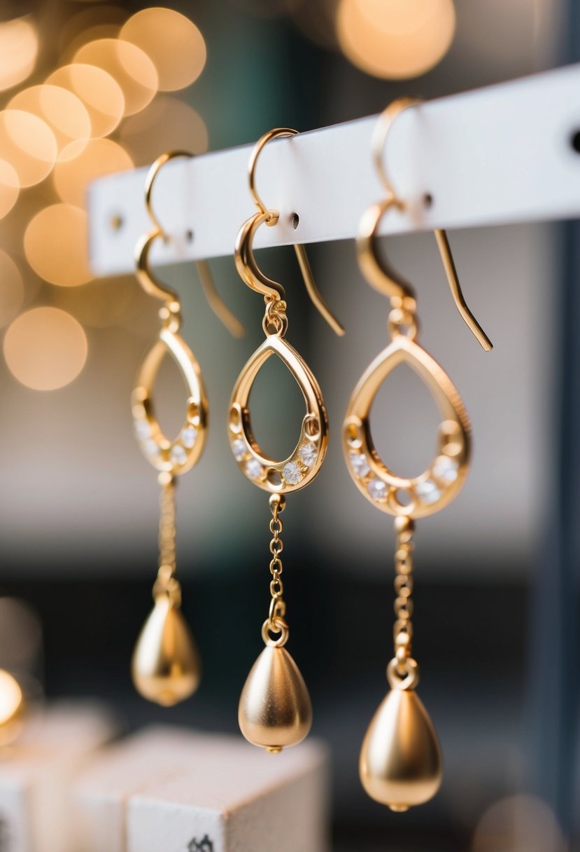 A pair of elegant gold dangle earrings hanging from a display, with three holes in each earring for a unique wedding accessory