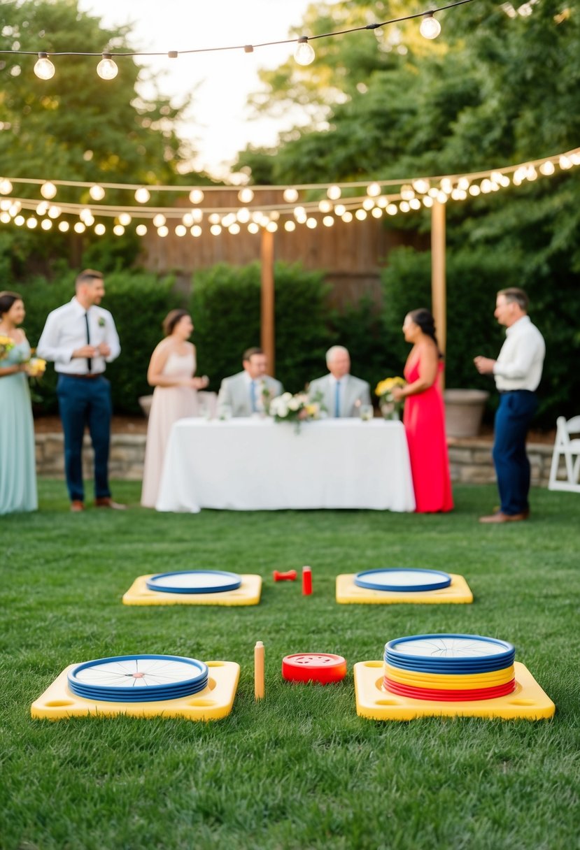 A backyard scene with lawn games set up for guests at a small wedding