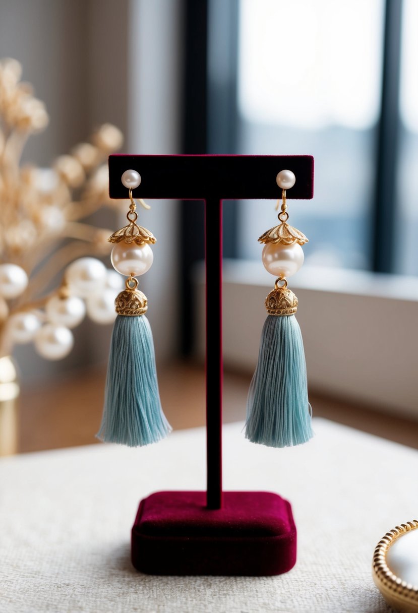 A pair of Korean-style tassel earrings displayed on a velvet jewelry stand, with delicate gold and pearl details