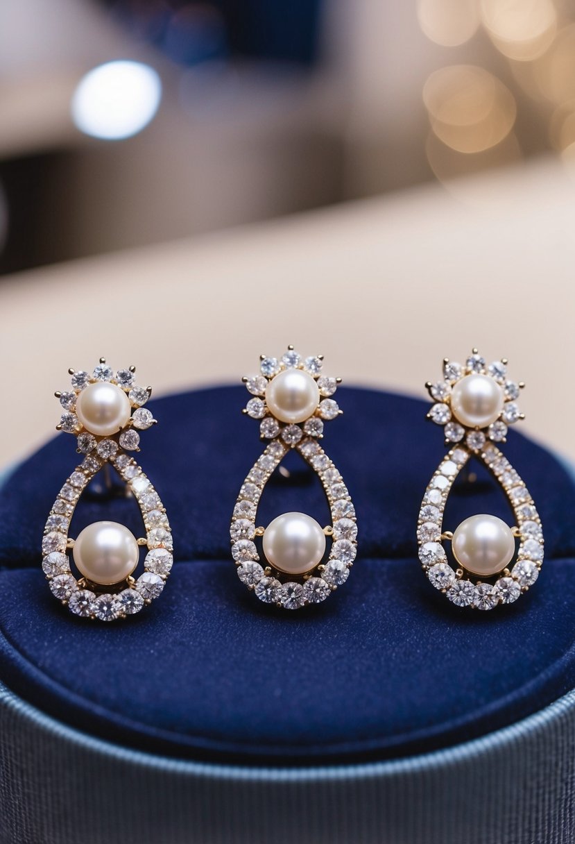 A sparkling trio of pearl and diamond three-hole wedding earring designs arranged on a velvet display