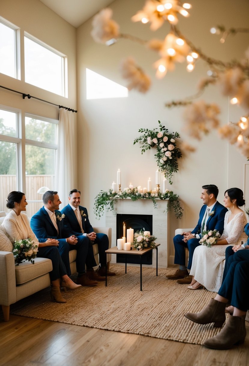 A cozy living room with a small wedding setup, including flowers, candles, and a simple altar, surrounded by intimate family and friends