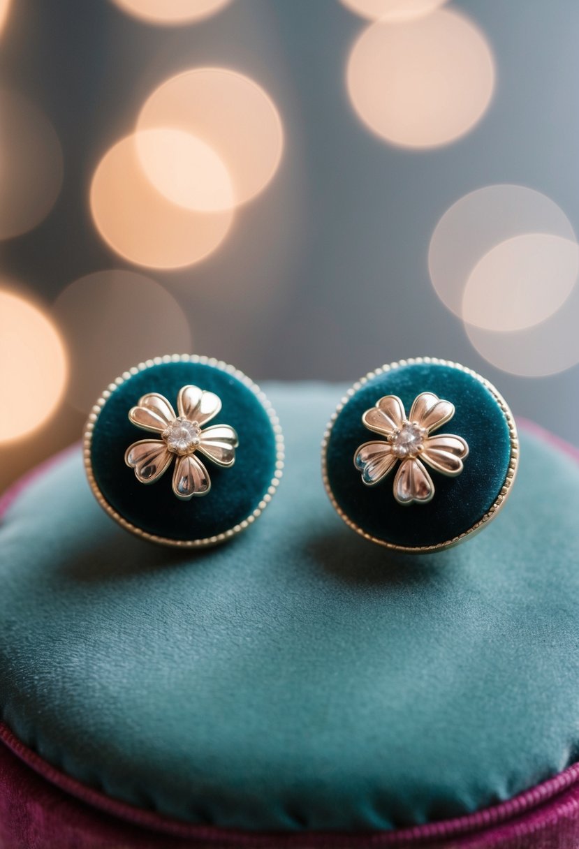 A delicate pair of floral design studs displayed on a velvet cushion