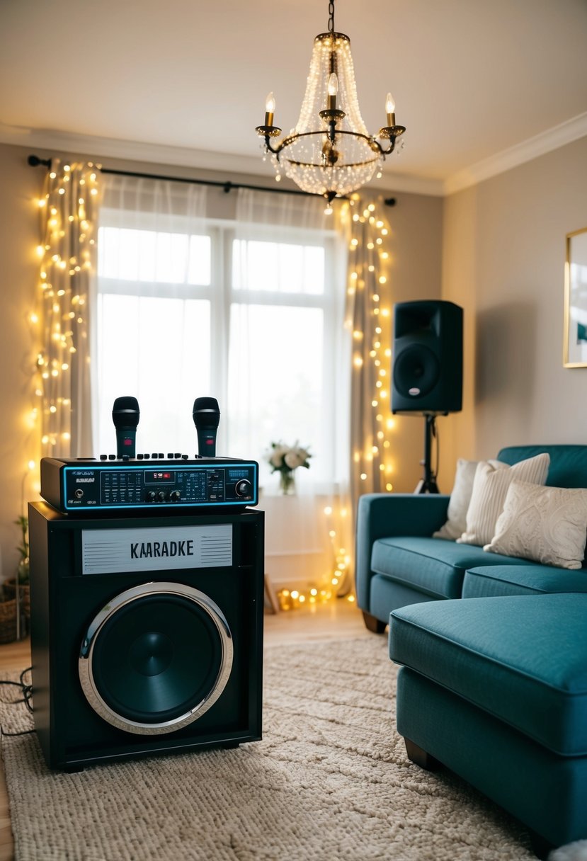 A cozy living room with a karaoke machine, twinkling lights, and a makeshift stage for a small wedding karaoke session at home