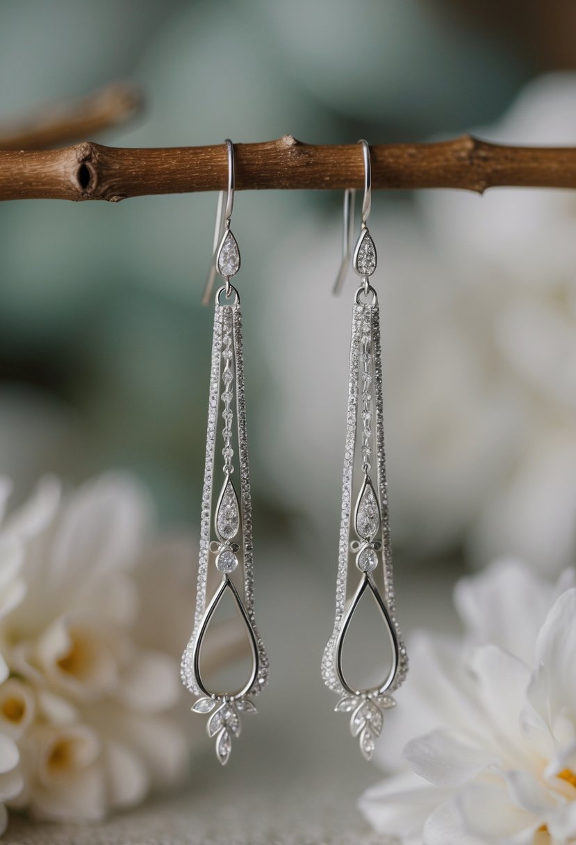 A pair of long, elegant bridal earrings with three holes, featuring intricate design and delicate details