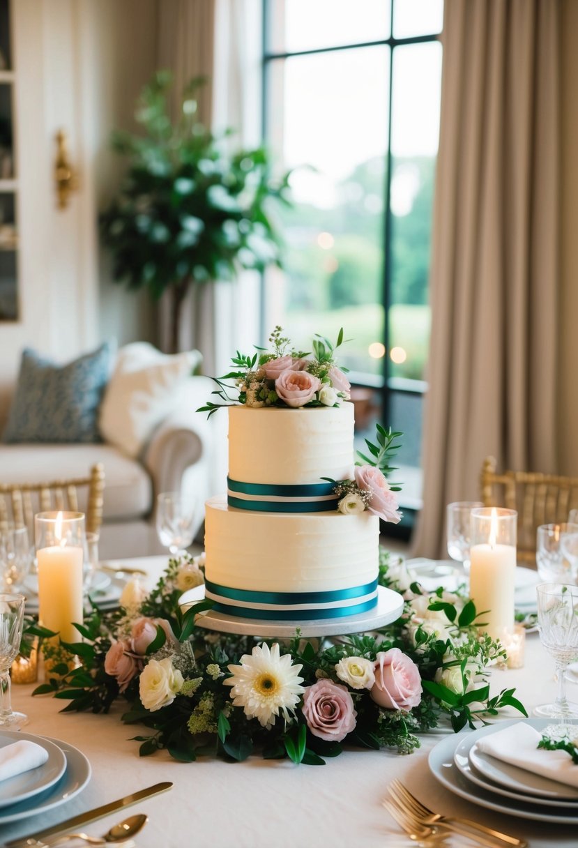 A single-tiered wedding cake sits on a table adorned with fresh flowers, surrounded by elegant table settings and candles, in a cozy home setting