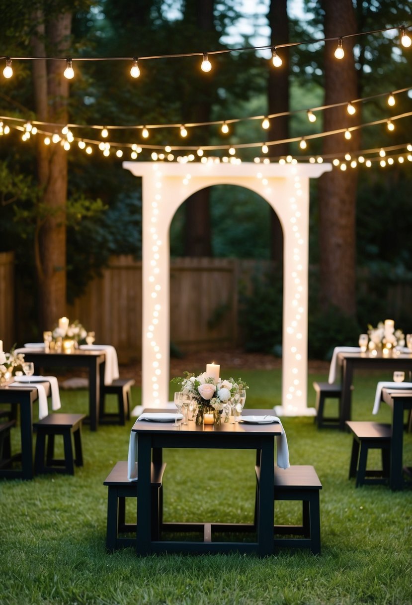 A cozy backyard wedding with fairy lights, a simple arch, and small tables adorned with flowers and candles