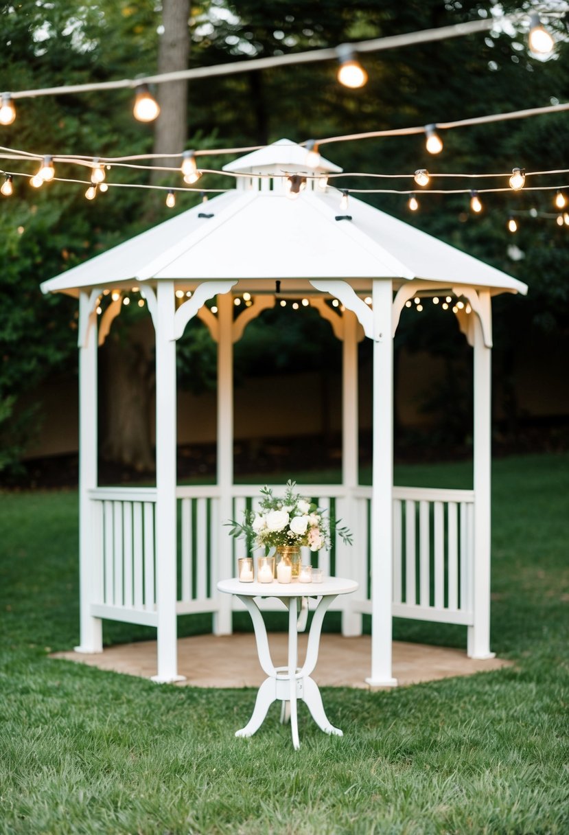 A cozy backyard set up with a simple white gazebo, string lights, and a small table adorned with flowers and candles for an intimate at-home wedding