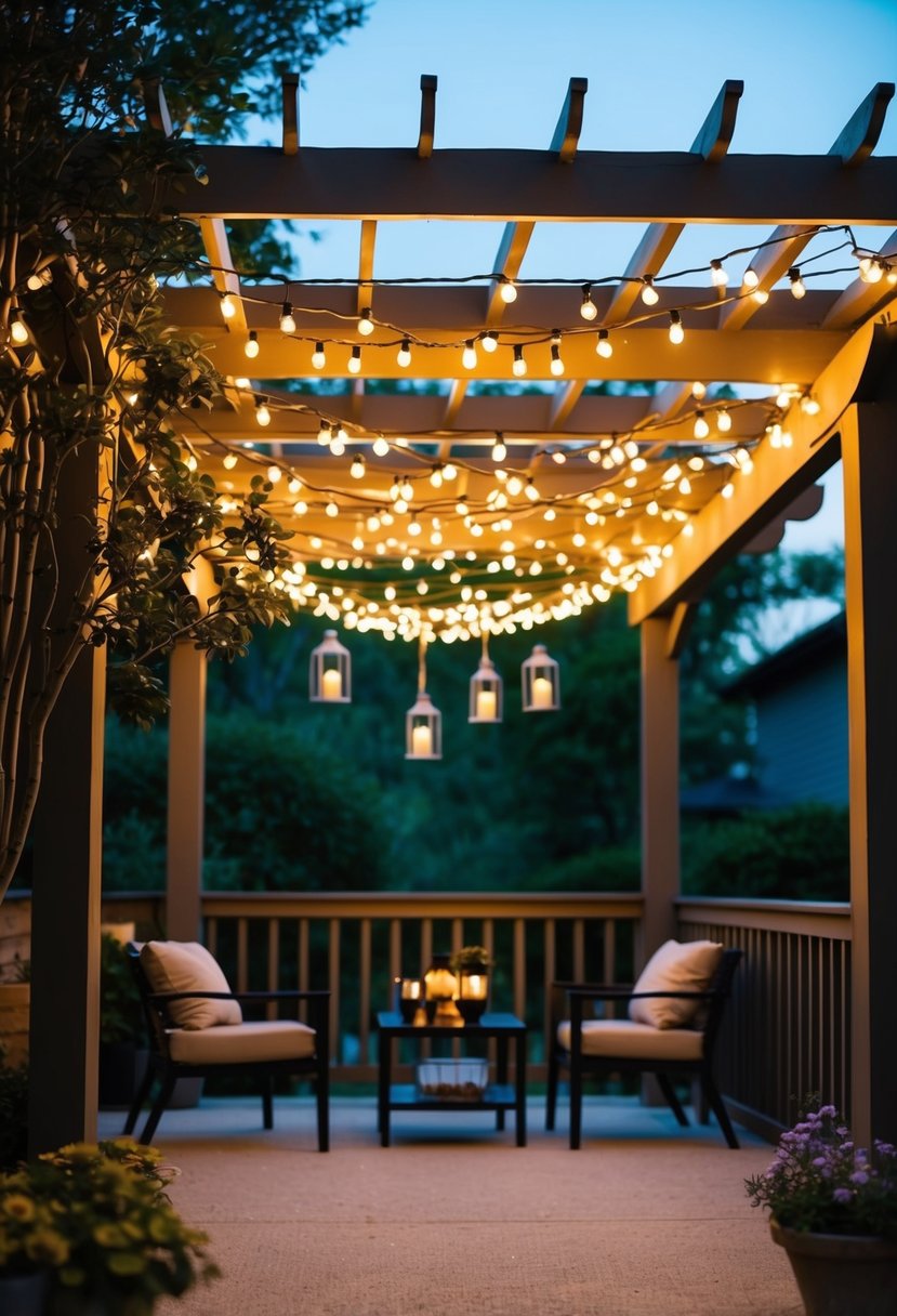 String lights draped over a pergola, illuminating a cozy backyard with lanterns hanging from tree branches