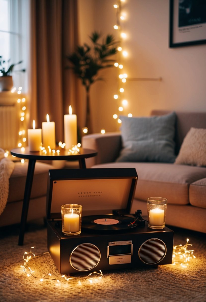 A cozy living room with soft candlelight and a small table set for two, surrounded by twinkling fairy lights and a vintage record player playing a sentimental playlist