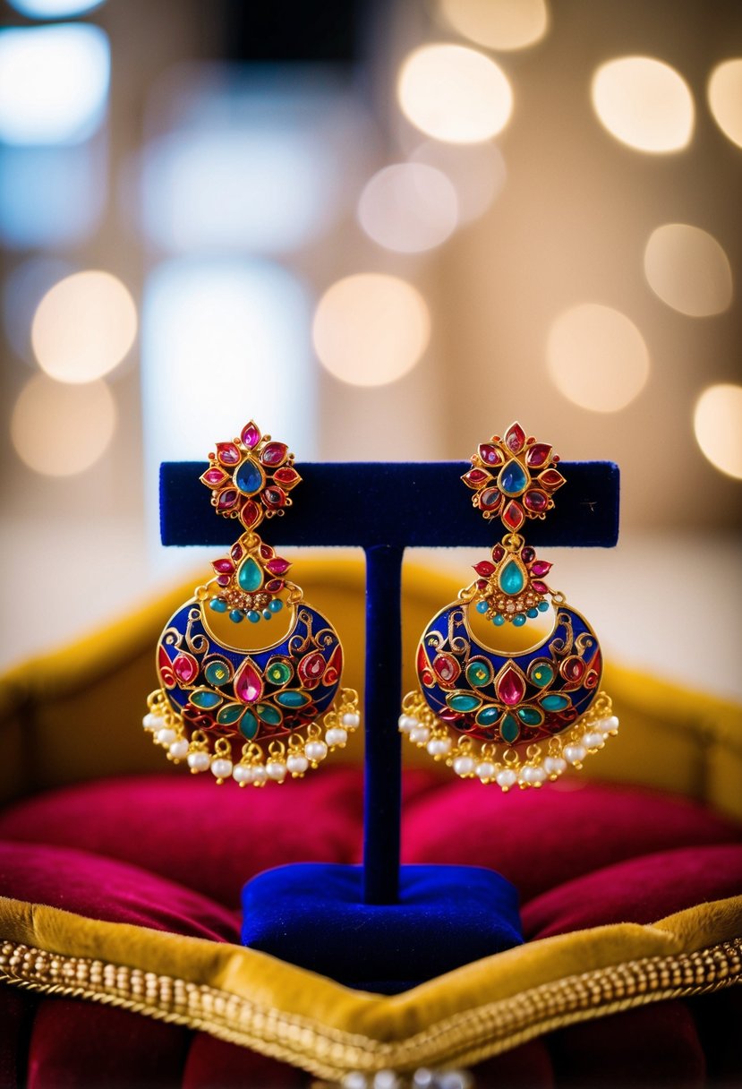 Colorful, intricate Indian wedding earrings displayed on a velvet cushion with gold accents