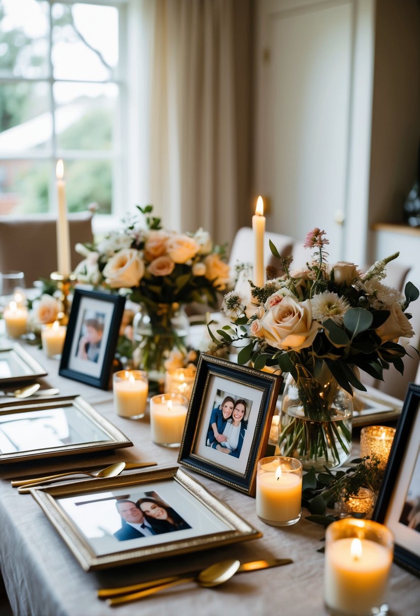 A table adorned with framed family photos, flowers, and candles, creating a cozy and intimate atmosphere for a small wedding at home