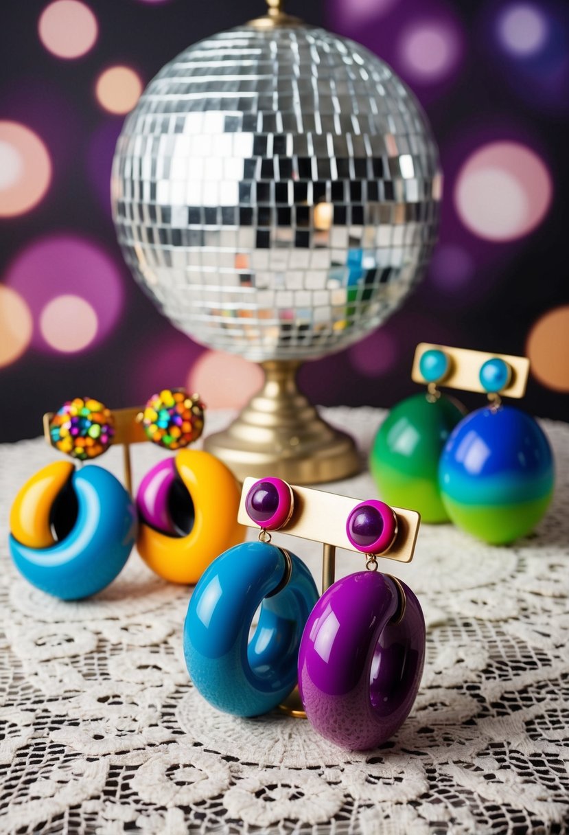 A table with colorful, oversized 80s-style earrings displayed on a lace tablecloth. Disco ball reflections add sparkle