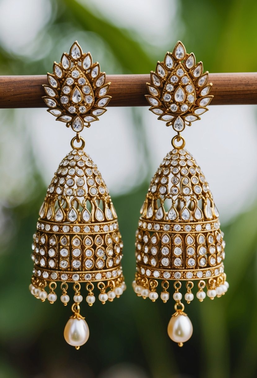 A pair of ornate chandelier earrings adorned with sparkling Kundan stones, inspired by traditional Indian wedding jewelry