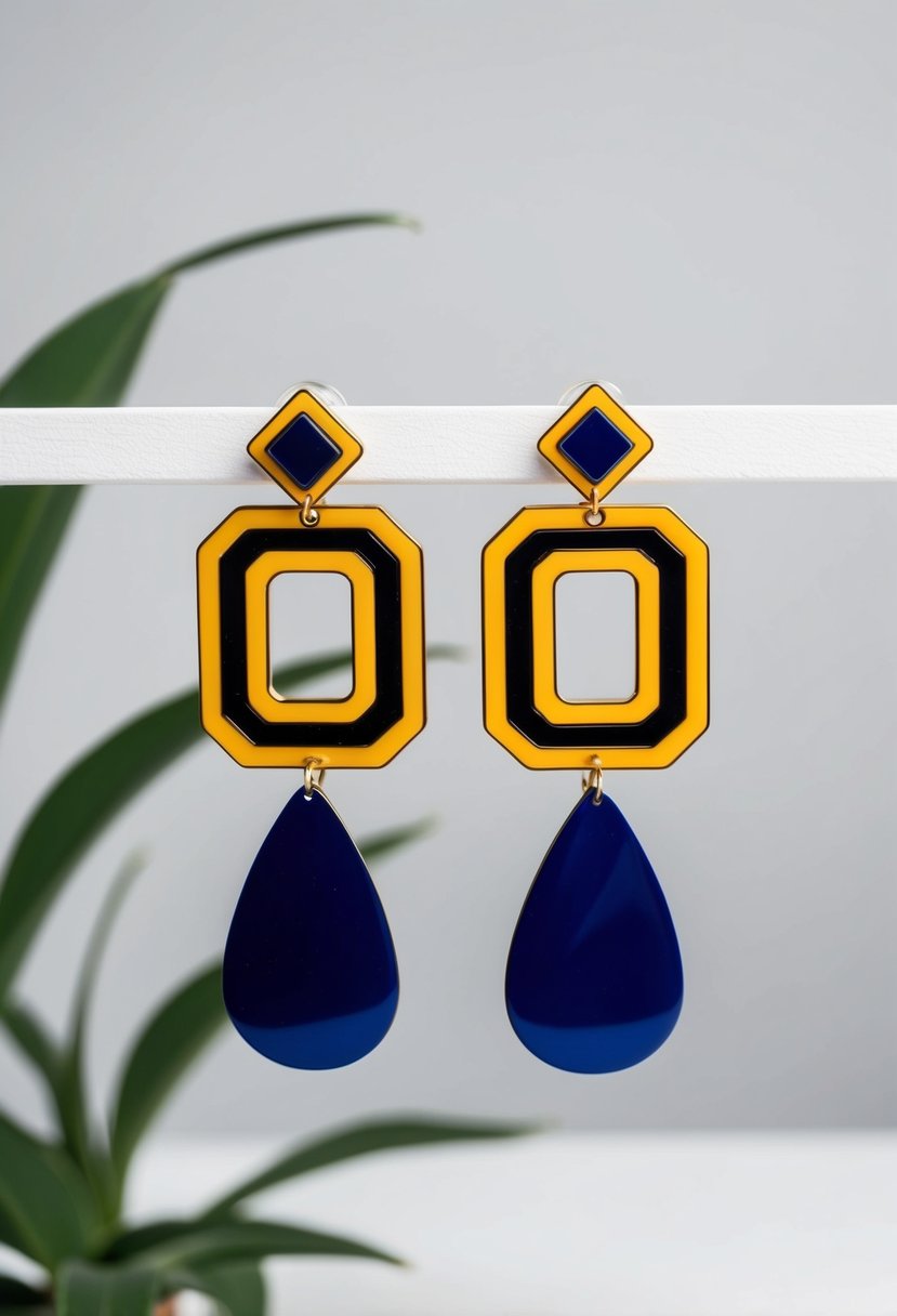 A pair of bold, geometric 80s-inspired drop earrings displayed on a minimalist white background