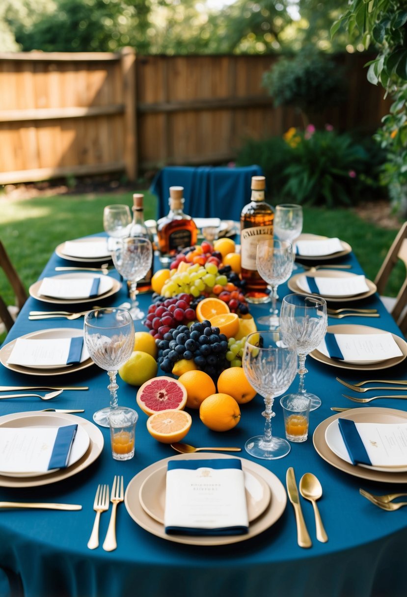 A cozy backyard table set with elegant glassware, a variety of fresh fruits, and a selection of artisanal spirits for crafting signature wedding drinks