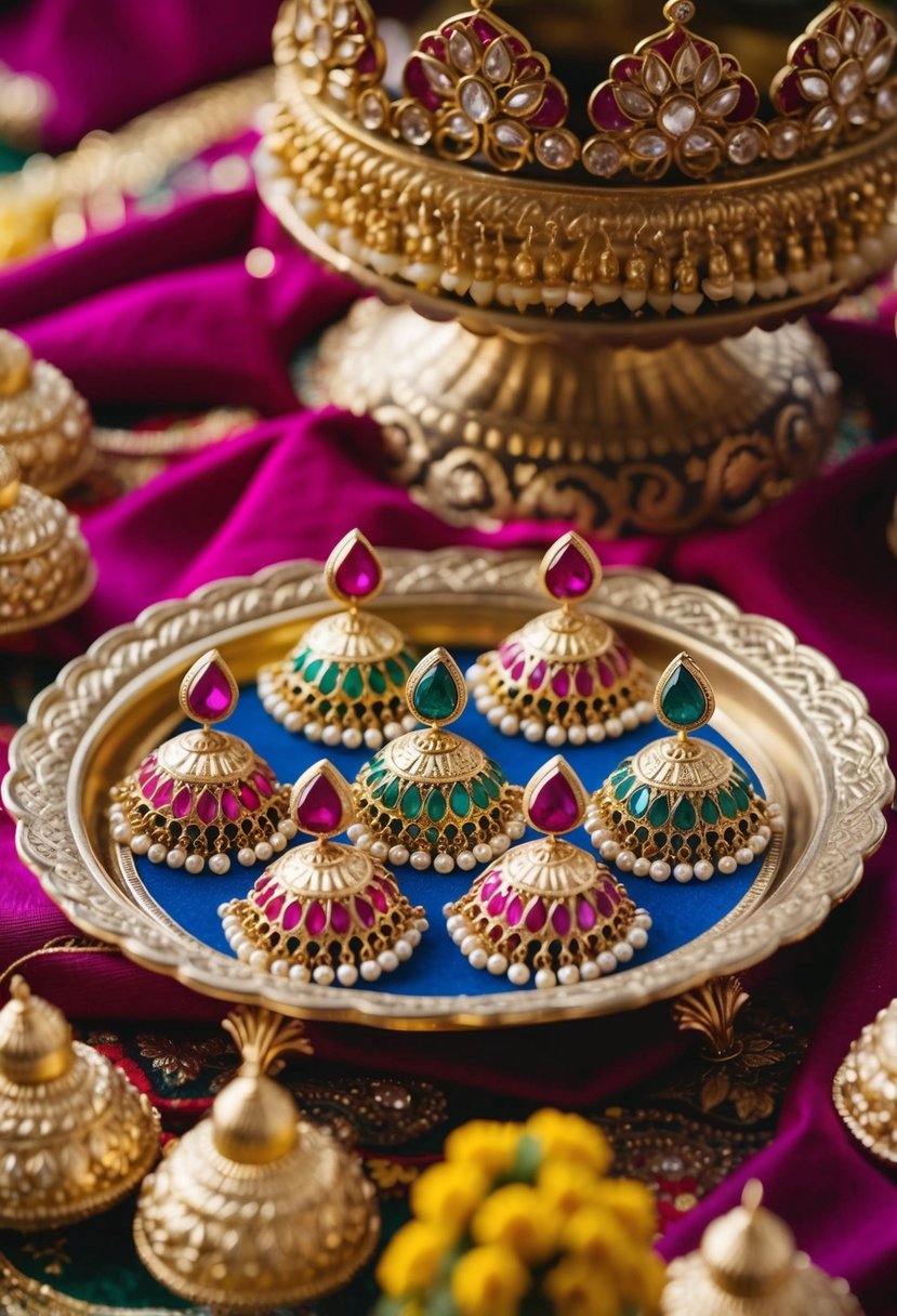 A colorful display of Polki inspired drop earrings arranged on a decorative tray, surrounded by intricate Indian wedding decor