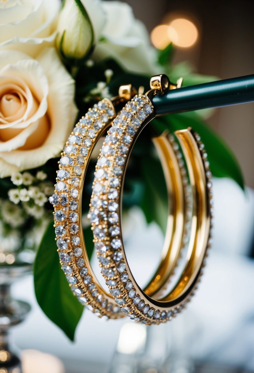 A pair of oversized, glitzy hoop earrings from the 80s, adorned with shimmering gems and metallic accents, catching the light at a glamorous wedding