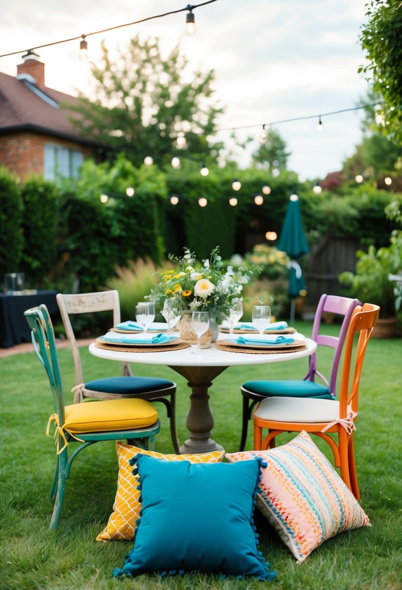 A cozy backyard set-up with mismatched chairs and colorful cushions for a small wedding gathering at home