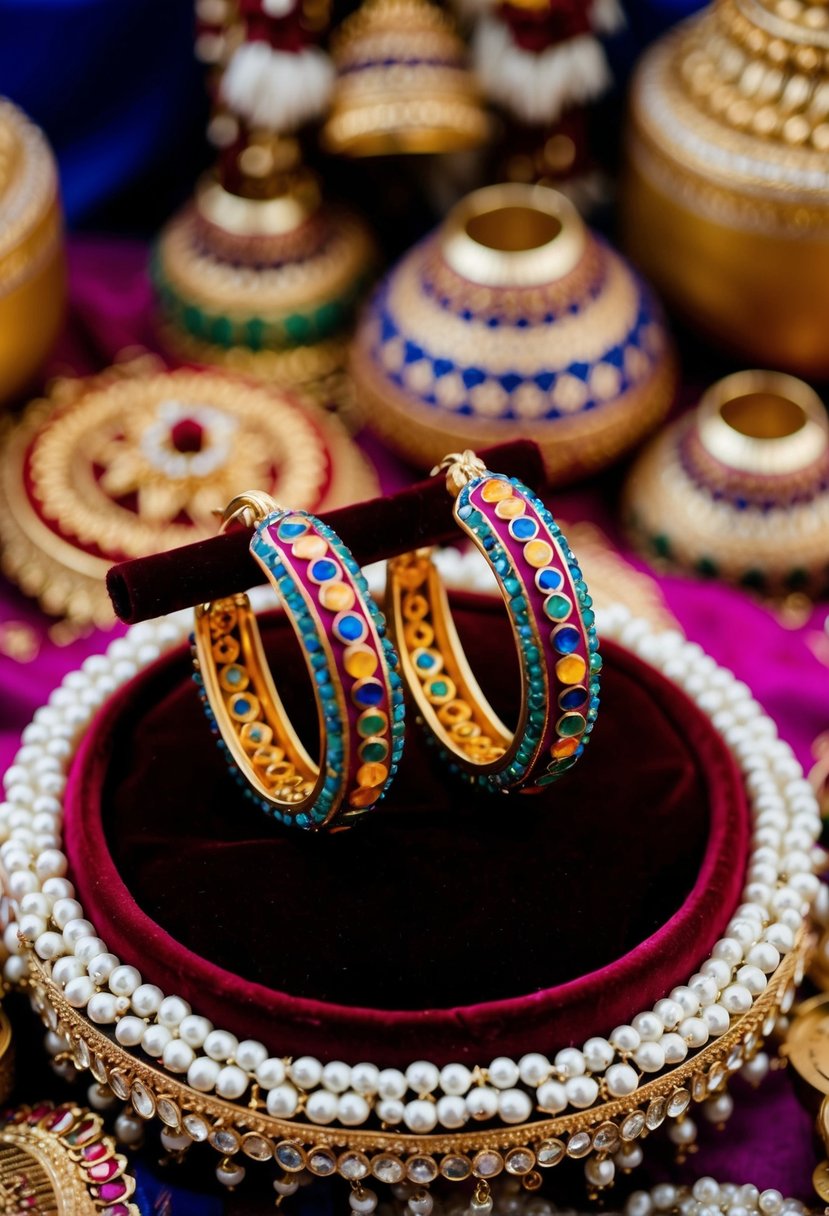 Colorful Meenakari hoop earrings displayed on a velvet cushion, surrounded by traditional Indian wedding decor