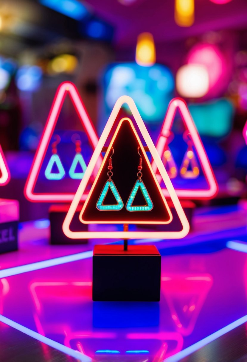 A vibrant neon triangle earring display with an 80s aesthetic