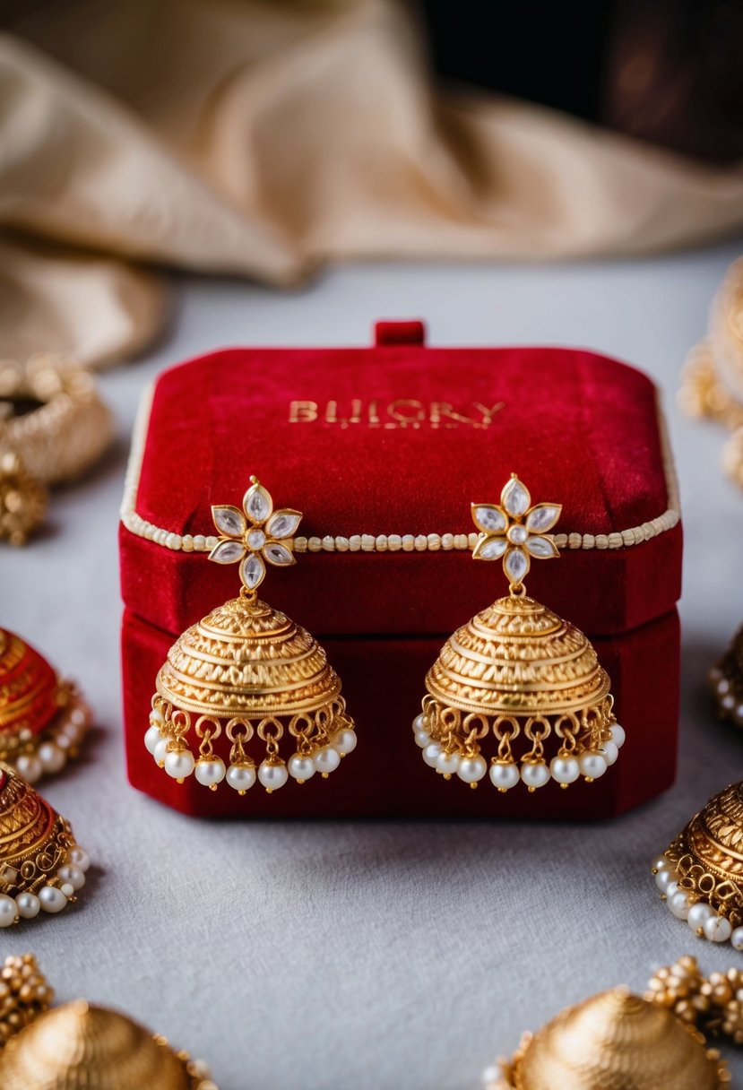 Gold jhumkas with pearl dangles on a red velvet jewelry box