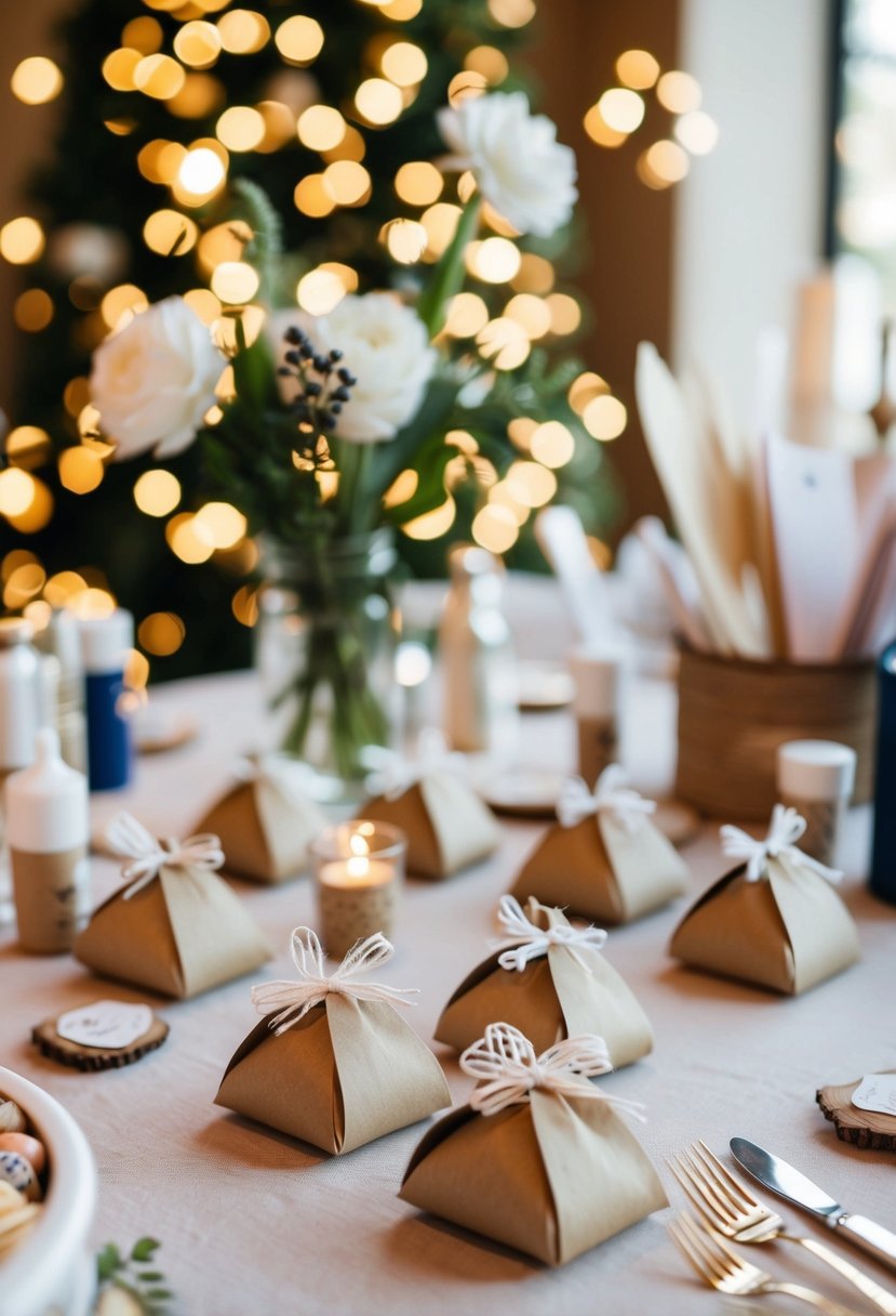 A table set with handmade wedding favors, surrounded by craft supplies and small decorative items