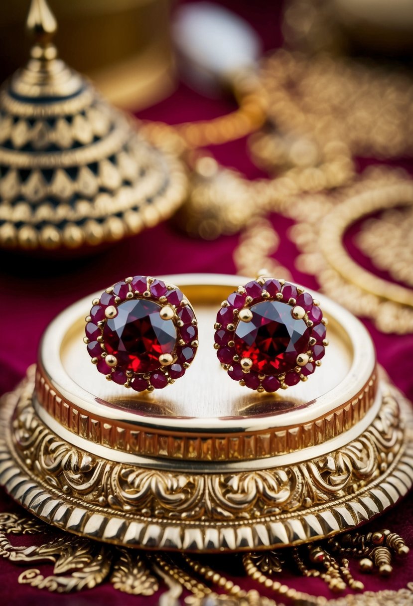 A pair of classic stud earrings with vibrant red stones, set against a backdrop of intricate Indian wedding motifs and traditional elements