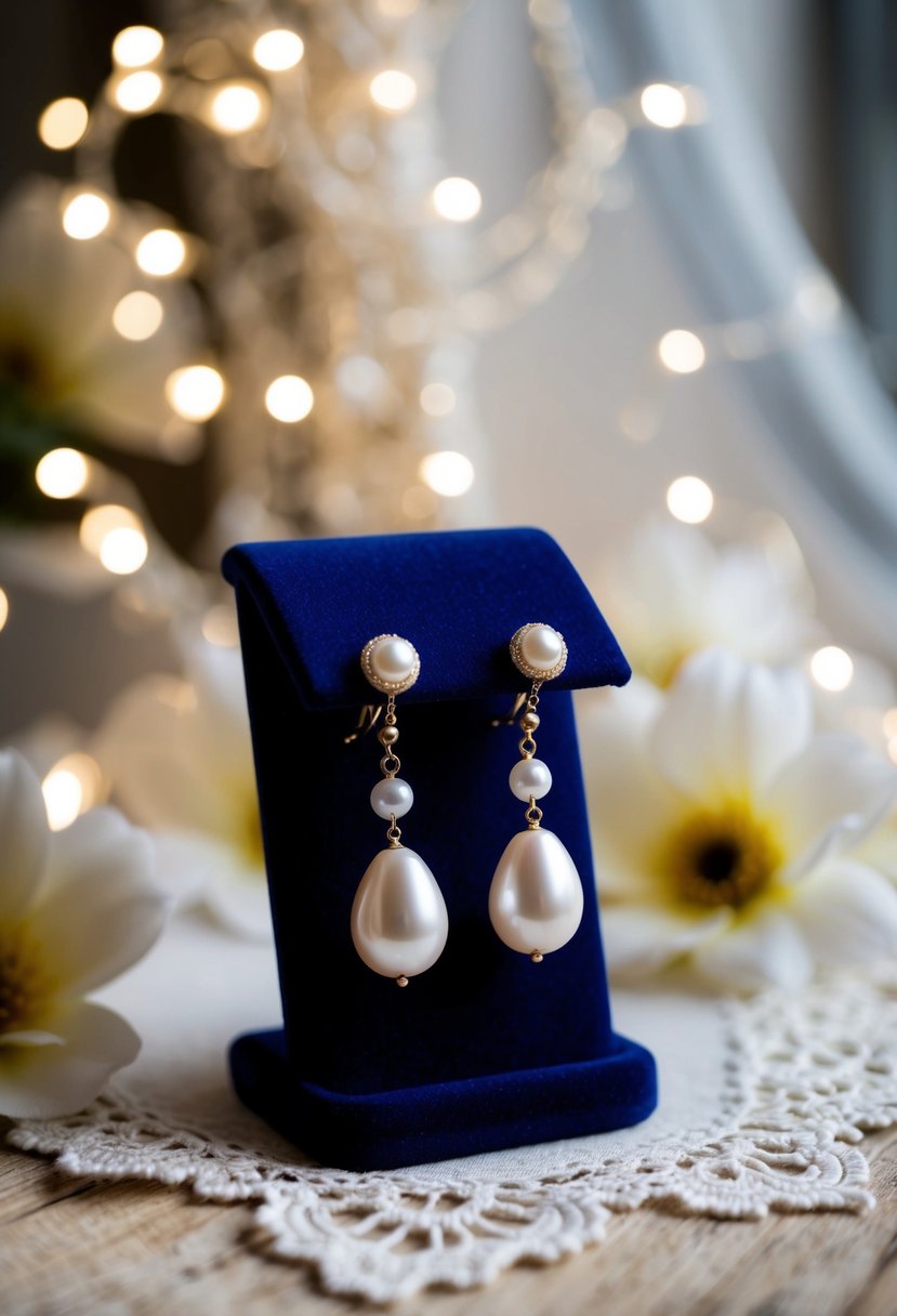 A pair of pearl drop earrings dangle from a velvet display, surrounded by soft lighting and vintage lace